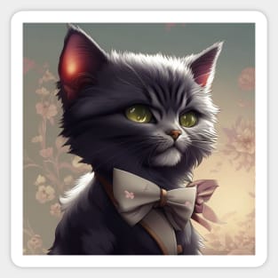 Elegant Grey and White Cat With an Grey Floral Bow Tie | White and grey cat with green eyes | Digital art Sticker Sticker